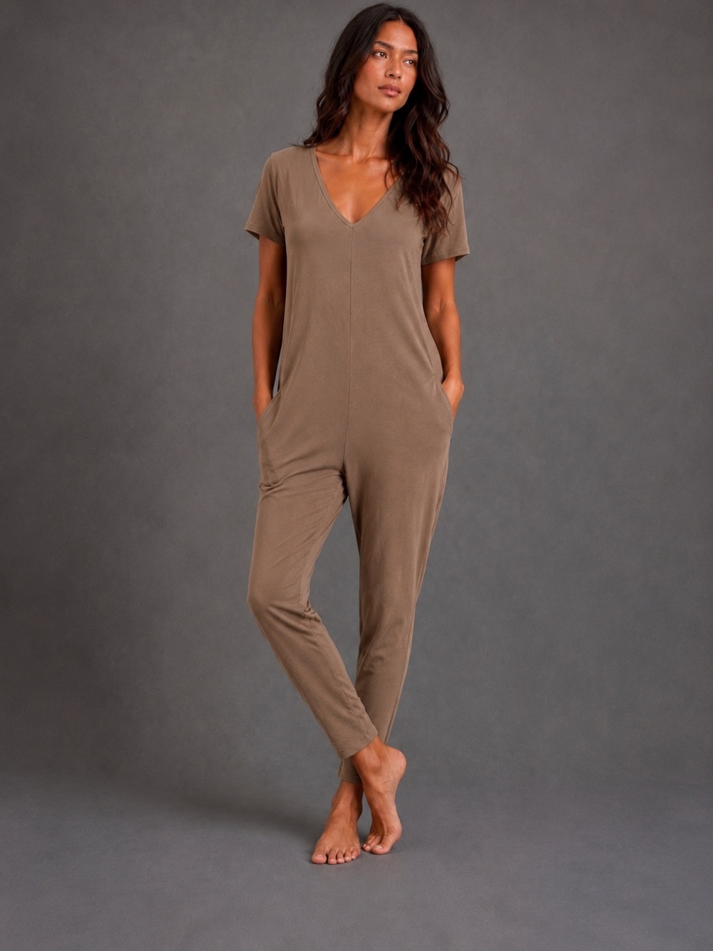 Smash + Tess Casual V-Neck Short Sleeve Jumpsuit in Taupe